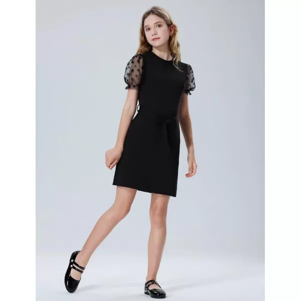 Mebius Girls Appliques Mesh Sleeve Dresses with Pockets Puff Sheer Long Sleeve Bodycon Belted Dress for Party 612YBlack Flowers