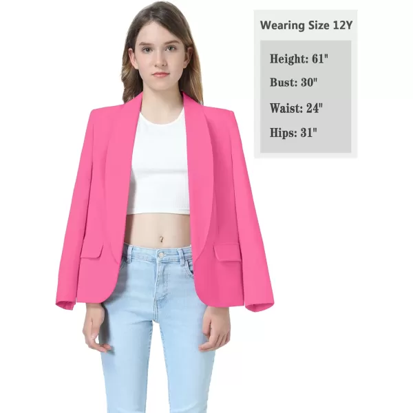 Mebius Girls Blazer Jacket Long Sleeve Shawl Collar Open Front Formal Blazers Suit Inner Pocket for Kids Size 612 YearHot Pink