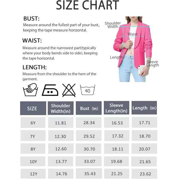 Mebius Girls Blazer Jacket Long Sleeve Shawl Collar Open Front Formal Blazers Suit Inner Pocket for Kids Size 612 YearHot Pink