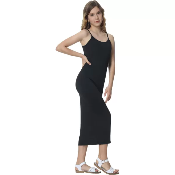 Mebius Girls Bodycon Maxi Dress Spaghetti Strap SlipLong Sleeve Pencil Black Long Dresses Round Neck Casual Party 814YAblack