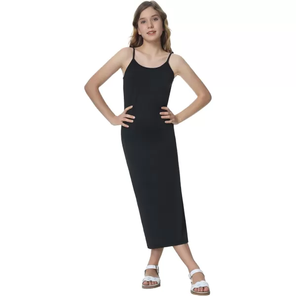 Mebius Girls Bodycon Maxi Dress Spaghetti Strap SlipLong Sleeve Pencil Black Long Dresses Round Neck Casual Party 814YAblack