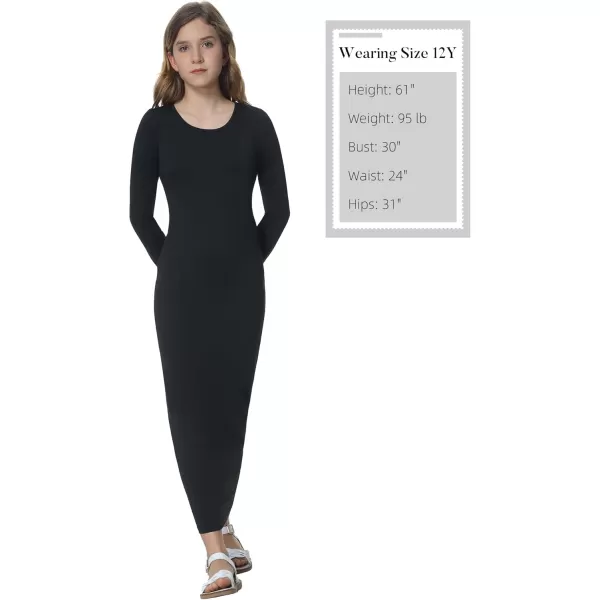 Mebius Girls Bodycon Maxi Dress Spaghetti Strap SlipLong Sleeve Pencil Black Long Dresses Round Neck Casual Party 814YBblack