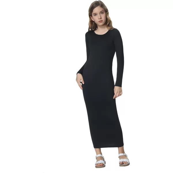 Mebius Girls Bodycon Maxi Dress Spaghetti Strap SlipLong Sleeve Pencil Black Long Dresses Round Neck Casual Party 814YBblack