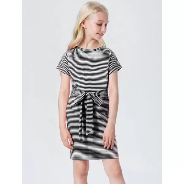 Mebius Girls Bodycon Short Sleeve Dress T Shirt Tee Mini Dresses Summer Casual Tie Waist with PocketsBlack