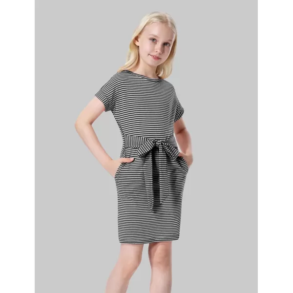Mebius Girls Bodycon Short Sleeve Dress T Shirt Tee Mini Dresses Summer Casual Tie Waist with PocketsBlack
