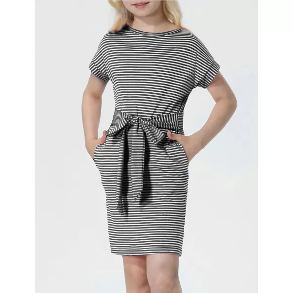 Mebius Girls Bodycon Short Sleeve Dress T Shirt Tee Mini Dresses Summer Casual Tie Waist with PocketsBlack
