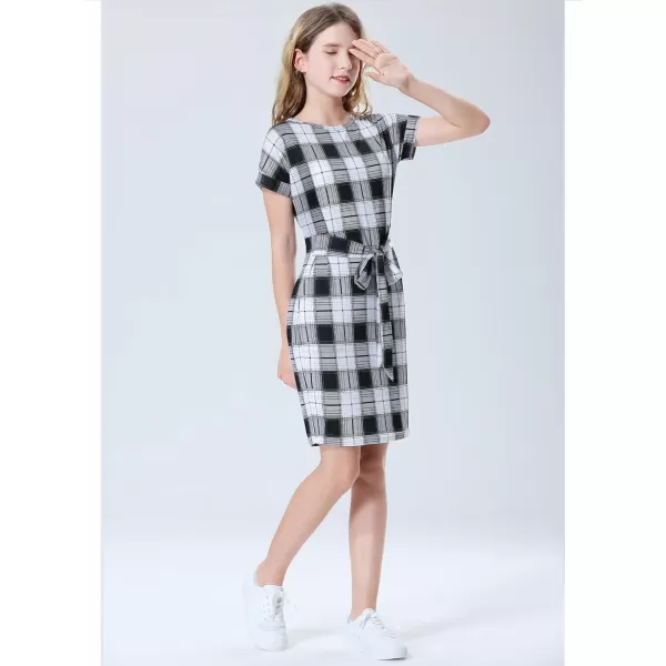 Mebius Girls Bodycon Short Sleeve Dress T Shirt Tee Mini Dresses Summer Casual Tie Waist with PocketsBlack Plaid