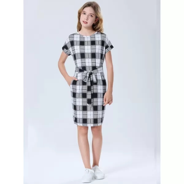 Mebius Girls Bodycon Short Sleeve Dress T Shirt Tee Mini Dresses Summer Casual Tie Waist with PocketsBlack Plaid