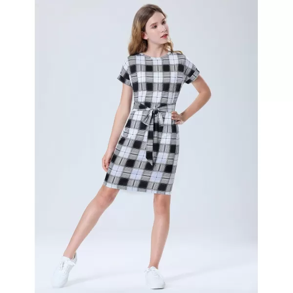 Mebius Girls Bodycon Short Sleeve Dress T Shirt Tee Mini Dresses Summer Casual Tie Waist with PocketsBlack Plaid