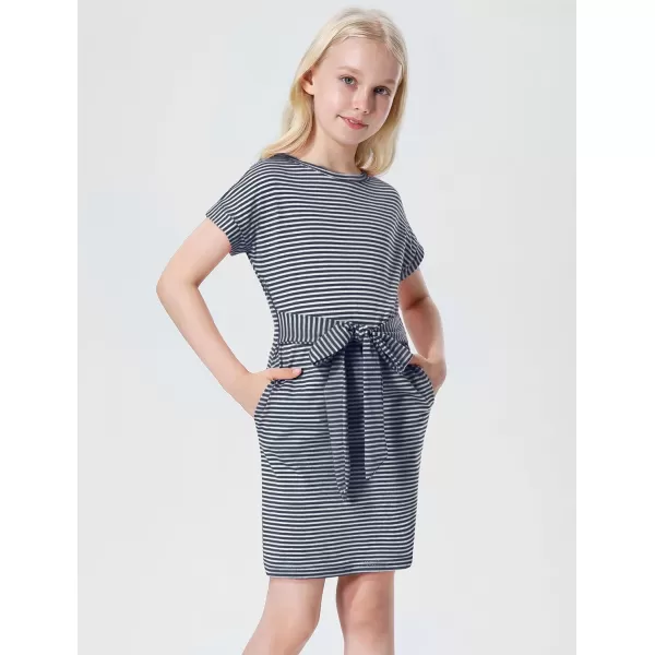 Mebius Girls Bodycon Short Sleeve Dress T Shirt Tee Mini Dresses Summer Casual Tie Waist with PocketsBlue