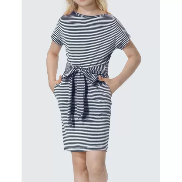 Mebius Girls Bodycon Short Sleeve Dress T Shirt Tee Mini Dresses Summer Casual Tie Waist with PocketsBlue