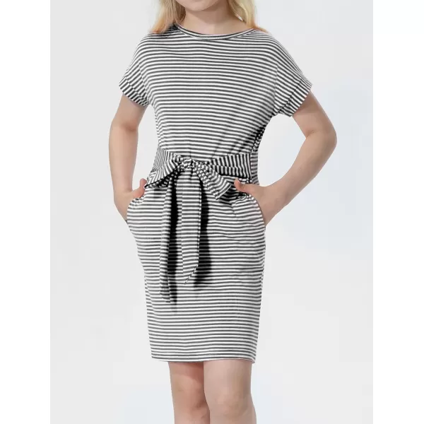 Mebius Girls Bodycon Short Sleeve Dress T Shirt Tee Mini Dresses Summer Casual Tie Waist with PocketsGrey