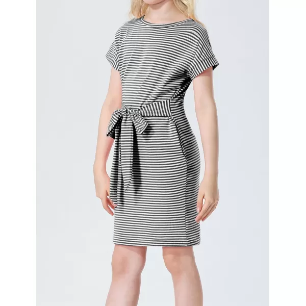 Mebius Girls Bodycon Short Sleeve Dress T Shirt Tee Mini Dresses Summer Casual Tie Waist with PocketsGrey