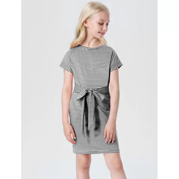 Mebius Girls Bodycon Short Sleeve Dress T Shirt Tee Mini Dresses Summer Casual Tie Waist with PocketsGrey