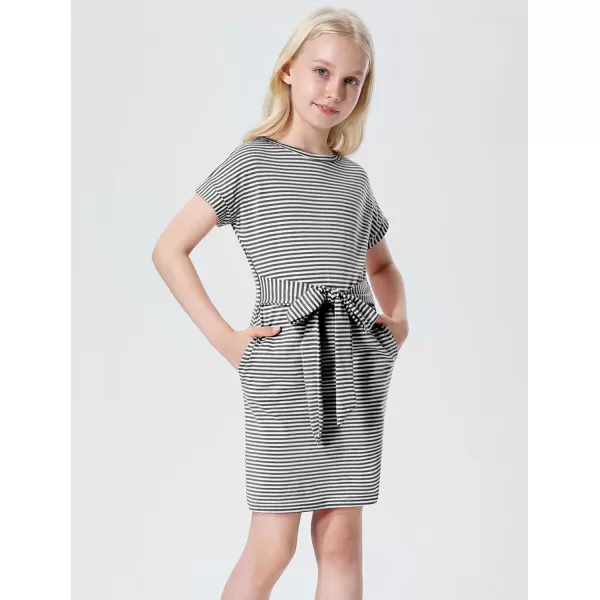 Mebius Girls Bodycon Short Sleeve Dress T Shirt Tee Mini Dresses Summer Casual Tie Waist with PocketsGrey