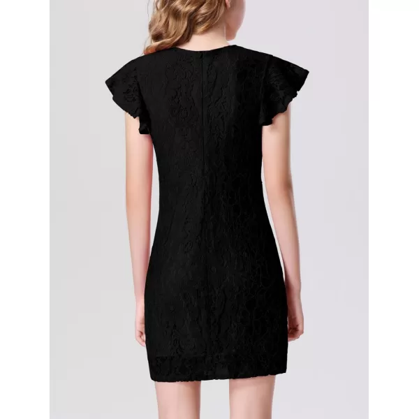 Mebius Girls Floral Lace Bodycon Dress Ruffle Sleeve Pencil Formal Dresses Special Occasion Party Birthday 612YBlack
