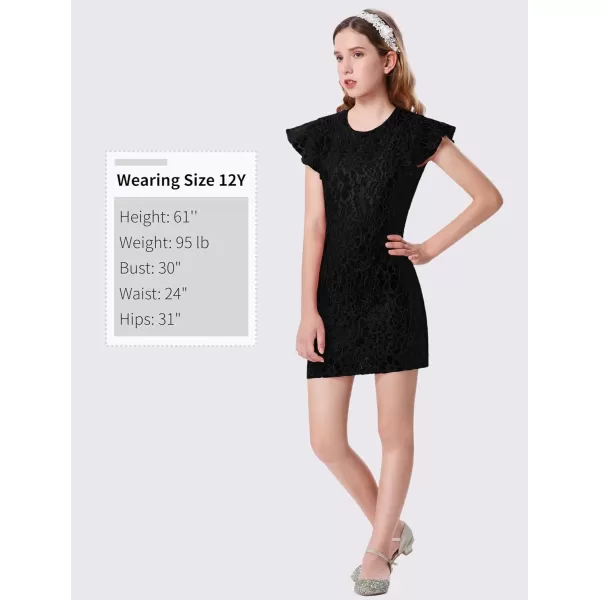 Mebius Girls Floral Lace Bodycon Dress Ruffle Sleeve Pencil Formal Dresses Special Occasion Party Birthday 612YBlack