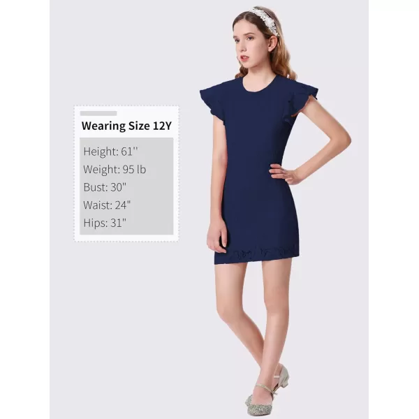 Mebius Girls Floral Lace Bodycon Dress Ruffle Sleeve Pencil Formal Dresses Special Occasion Party Birthday 612YBlue