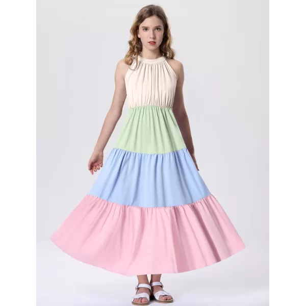 Mebius Girls Halter Neck Flowy Long Maxi Dress Back Tie Sleeveless Casual Party Aline Tiered Dresses for 612 YearsMulticolor B