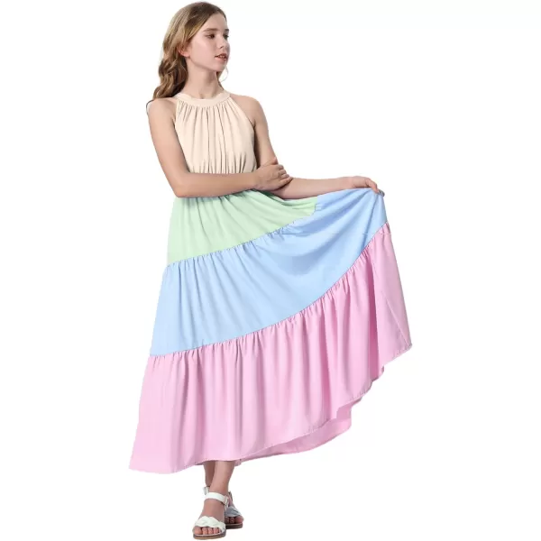Mebius Girls Halter Neck Flowy Long Maxi Dress Back Tie Sleeveless Casual Party Aline Tiered Dresses for 612 YearsMulticolor B