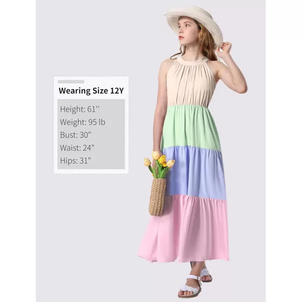 Mebius Girls Halter Neck Flowy Long Maxi Dress Back Tie Sleeveless Casual Party Aline Tiered Dresses for 612 YearsMulticolor B