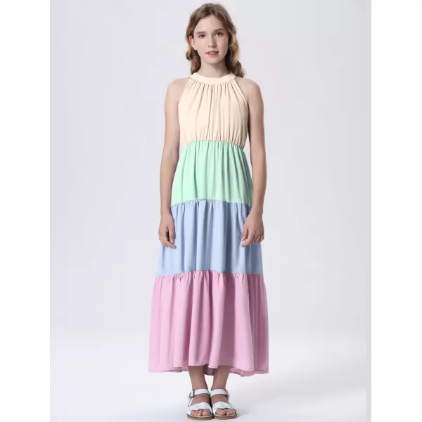 Mebius Girls Halter Neck Flowy Long Maxi Dress Back Tie Sleeveless Casual Party Aline Tiered Dresses for 612 YearsMulticolor B