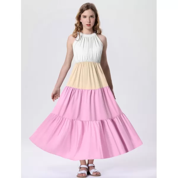 Mebius Girls Halter Neck Flowy Long Maxi Dress Back Tie Sleeveless Casual Party Aline Tiered Dresses for 612 YearsMulticolor a