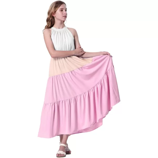 Mebius Girls Halter Neck Flowy Long Maxi Dress Back Tie Sleeveless Casual Party Aline Tiered Dresses for 612 YearsMulticolor a