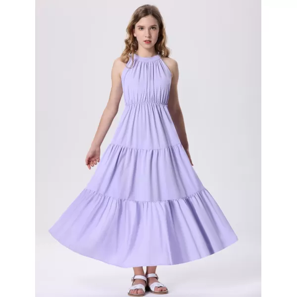 Mebius Girls Halter Neck Flowy Long Maxi Dress Back Tie Sleeveless Casual Party Aline Tiered Dresses for 612 YearsPurple