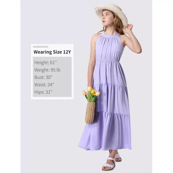 Mebius Girls Halter Neck Flowy Long Maxi Dress Back Tie Sleeveless Casual Party Aline Tiered Dresses for 612 YearsPurple