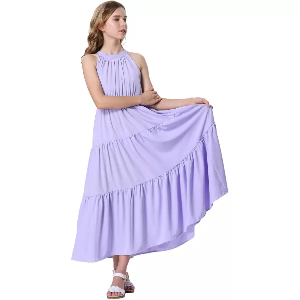 Mebius Girls Halter Neck Flowy Long Maxi Dress Back Tie Sleeveless Casual Party Aline Tiered Dresses for 612 YearsPurple