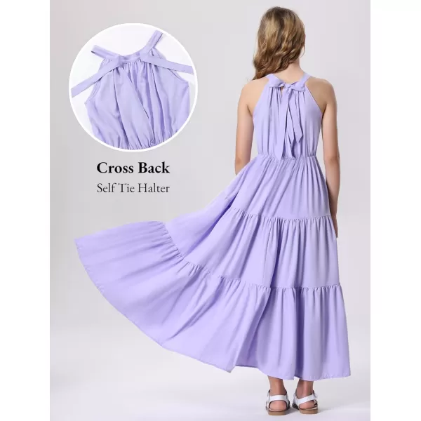 Mebius Girls Halter Neck Flowy Long Maxi Dress Back Tie Sleeveless Casual Party Aline Tiered Dresses for 612 YearsPurple
