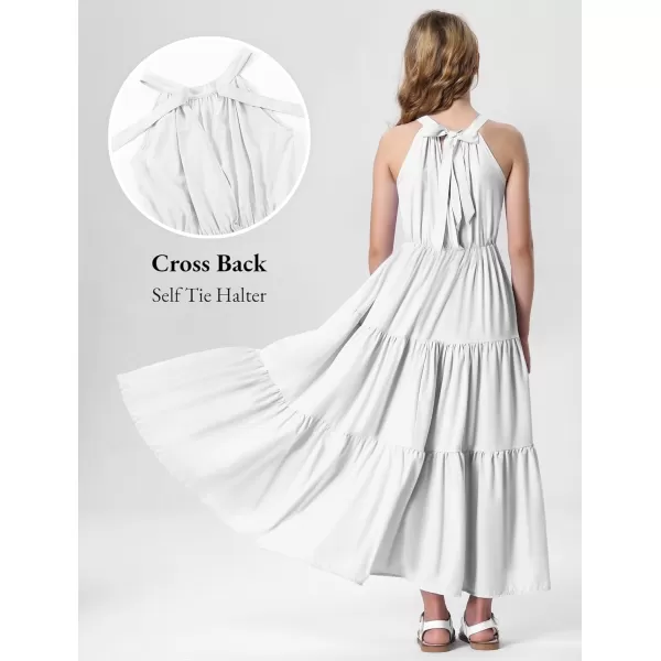 Mebius Girls Halter Neck Flowy Long Maxi Dress Back Tie Sleeveless Casual Party Aline Tiered Dresses for 612 YearsWhite