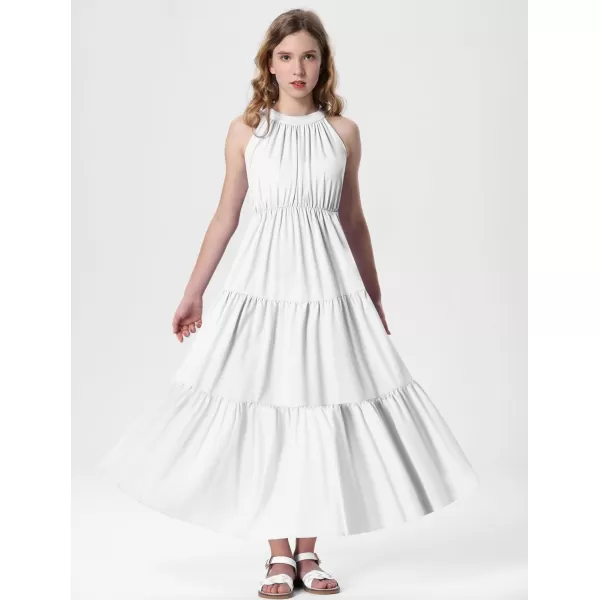 Mebius Girls Halter Neck Flowy Long Maxi Dress Back Tie Sleeveless Casual Party Aline Tiered Dresses for 612 YearsWhite