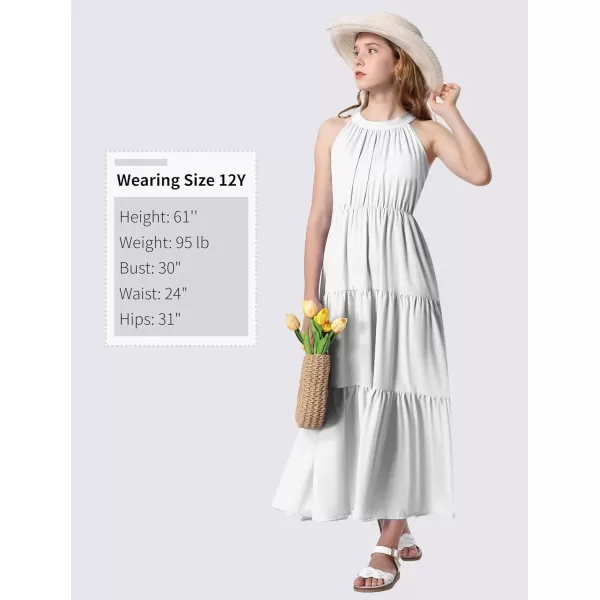 Mebius Girls Halter Neck Flowy Long Maxi Dress Back Tie Sleeveless Casual Party Aline Tiered Dresses for 612 YearsWhite