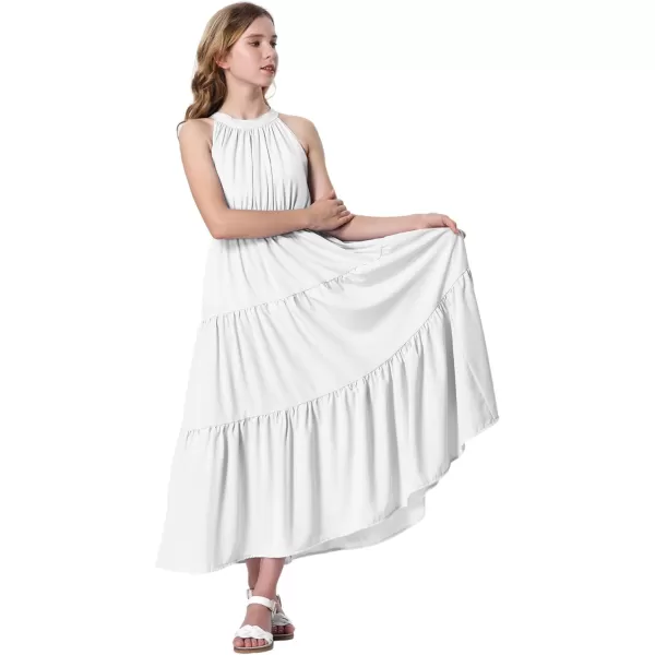Mebius Girls Halter Neck Flowy Long Maxi Dress Back Tie Sleeveless Casual Party Aline Tiered Dresses for 612 YearsWhite