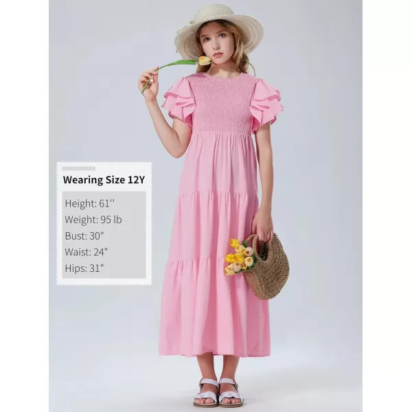 Mebius Girls Maxi Long Smocked Dresses Kids Boho Summer Flowy Ruffle Sleeve Tiered Flutter Sleeve Aline Dress 612YLight Pink