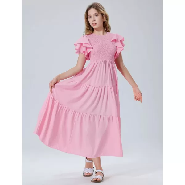 Mebius Girls Maxi Long Smocked Dresses Kids Boho Summer Flowy Ruffle Sleeve Tiered Flutter Sleeve Aline Dress 612YLight Pink