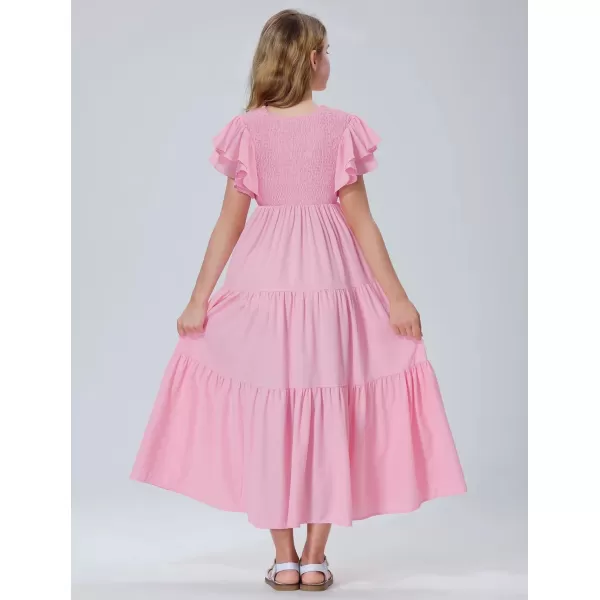Mebius Girls Maxi Long Smocked Dresses Kids Boho Summer Flowy Ruffle Sleeve Tiered Flutter Sleeve Aline Dress 612YLight Pink