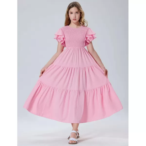Mebius Girls Maxi Long Smocked Dresses Kids Boho Summer Flowy Ruffle Sleeve Tiered Flutter Sleeve Aline Dress 612YLight Pink
