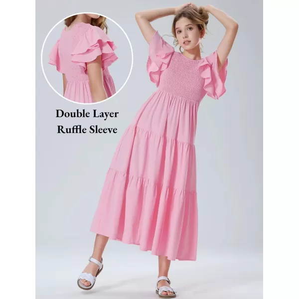 Mebius Girls Maxi Long Smocked Dresses Kids Boho Summer Flowy Ruffle Sleeve Tiered Flutter Sleeve Aline Dress 612YLight Pink