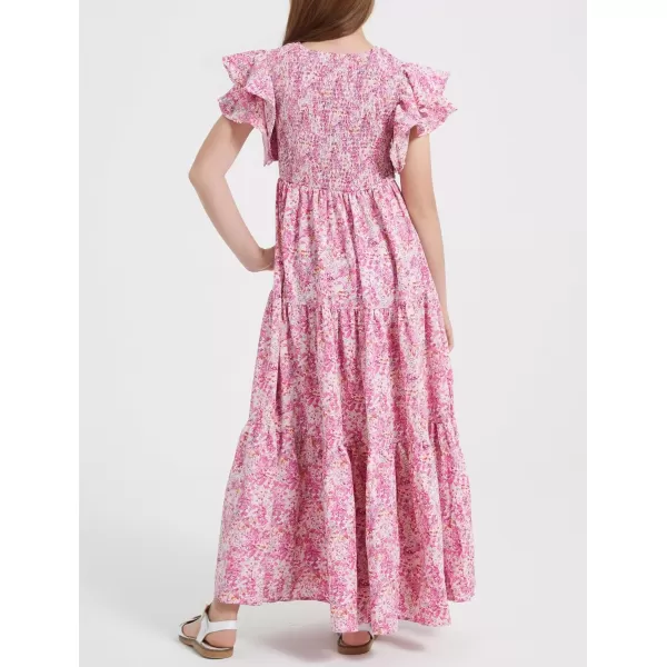 Mebius Girls Maxi Long Smocked Dresses Kids Boho Summer Flowy Ruffle Sleeve Tiered Flutter Sleeve Aline Dress 612YPink Floral
