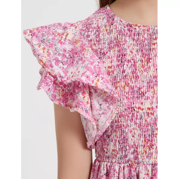 Mebius Girls Maxi Long Smocked Dresses Kids Boho Summer Flowy Ruffle Sleeve Tiered Flutter Sleeve Aline Dress 612YPink Floral