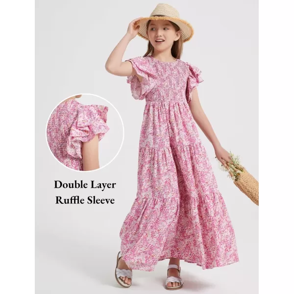 Mebius Girls Maxi Long Smocked Dresses Kids Boho Summer Flowy Ruffle Sleeve Tiered Flutter Sleeve Aline Dress 612YPink Floral