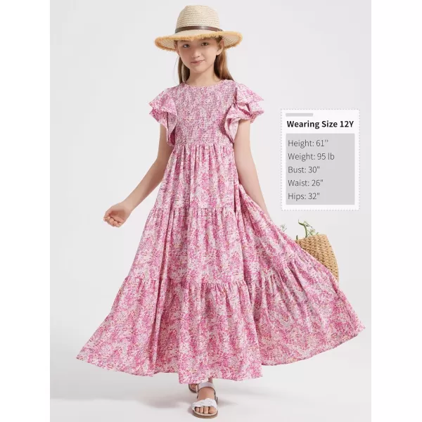 Mebius Girls Maxi Long Smocked Dresses Kids Boho Summer Flowy Ruffle Sleeve Tiered Flutter Sleeve Aline Dress 612YPink Floral