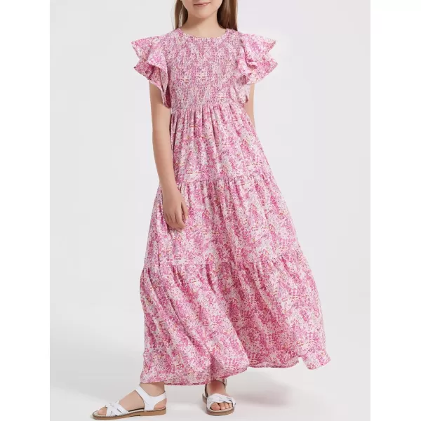 Mebius Girls Maxi Long Smocked Dresses Kids Boho Summer Flowy Ruffle Sleeve Tiered Flutter Sleeve Aline Dress 612YPink Floral