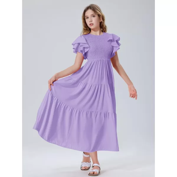 Mebius Girls Maxi Long Smocked Dresses Kids Boho Summer Flowy Ruffle Sleeve Tiered Flutter Sleeve Aline Dress 612YPurple
