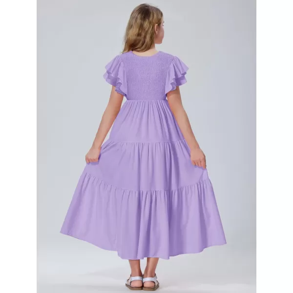 Mebius Girls Maxi Long Smocked Dresses Kids Boho Summer Flowy Ruffle Sleeve Tiered Flutter Sleeve Aline Dress 612YPurple