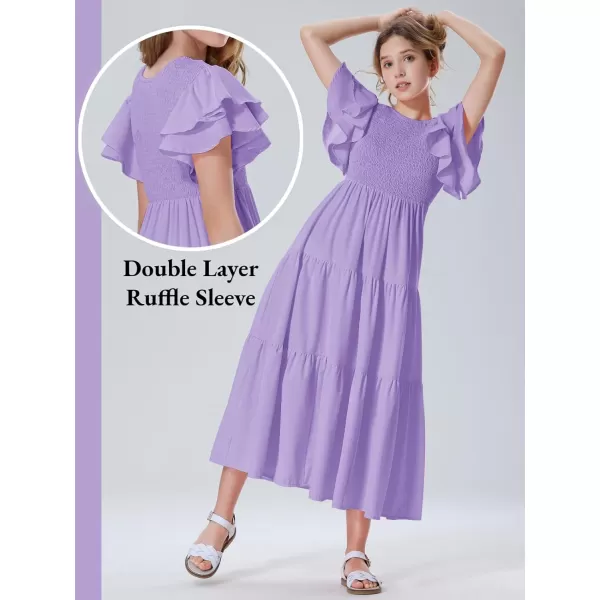 Mebius Girls Maxi Long Smocked Dresses Kids Boho Summer Flowy Ruffle Sleeve Tiered Flutter Sleeve Aline Dress 612YPurple