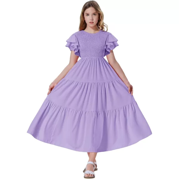 Mebius Girls Maxi Long Smocked Dresses Kids Boho Summer Flowy Ruffle Sleeve Tiered Flutter Sleeve Aline Dress 612YPurple